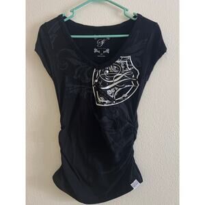 Sean John Women's Black and Silver Logo Graphic T-Shirt Size Small Pre-Loved